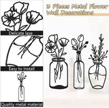 Set van 3 metalen bloem wanddecoratie minimalistische vaas kunst aan de muur zwarte tulp draad ijzer decor bloemen wandsculptuur voor keuken badkamer woonkamer (elegant, liefde, eeuwigheid)