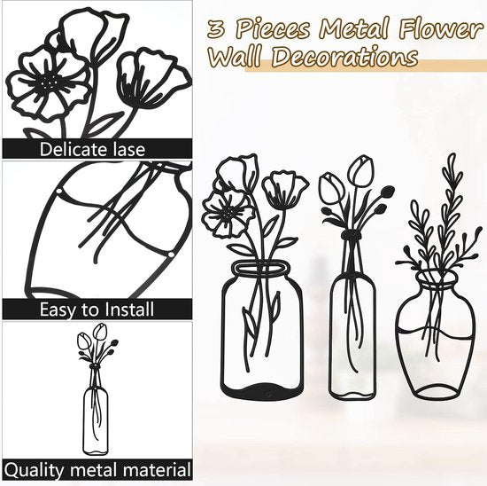 Set van 3 metalen bloem wanddecoratie minimalistische vaas kunst aan de muur zwarte tulp draad ijzer decor bloemen wandsculptuur voor keuken badkamer woonkamer (elegant, liefde, eeuwigheid)