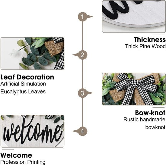 Welkomstbord voor de voordeur, welkomskransen, houten bord voor op de boerderij veranda, decoratief houten deurkrans, zomerse buitenversiering, hangend cadeau, ambachtelijk gemaakt, 30 x 30 cm (wit)
