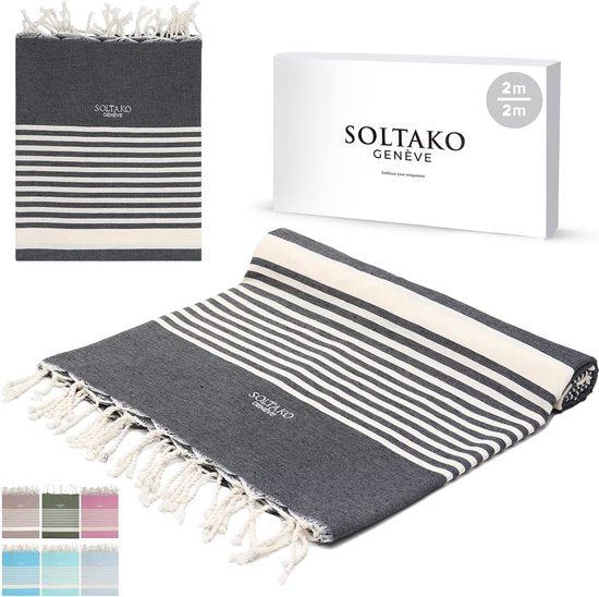 Fouta, 2 x 2 m, strandhanddoek, handdoek, saunahanddoek, badhanddoek, hamamdoek, yogadeken, pestemal, in elegante geschenkdoos, voor dames en heren, extra groot en licht, 200 x 200 cm