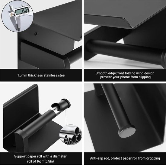 Toilet Paper Holder without Drilling, with Shelf Toilet Paper Holder Matte Black, Wall Toilet Paper Holder, Self-Adhesive, with 2 Adhesive Hooks, Stainless Steel