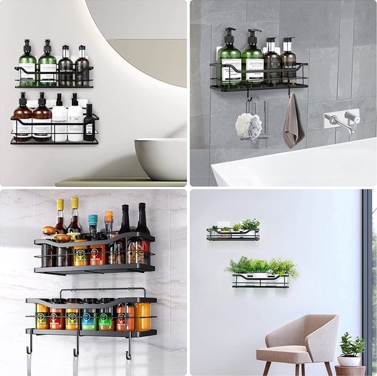 Doucheplank zone met 4 haken, set van 3 douchemanden, doucheplank, shampoohouder, doucheplank voor badkamer en keuken