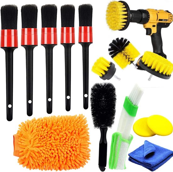 Autoreinigingsborstelset, 14-delige autodetailreinigingsborstelset, detaillering autoborstel voor detaillering op auto-interieur, exterieur, motor, ventilatieopeningen, dashboard, emblemen