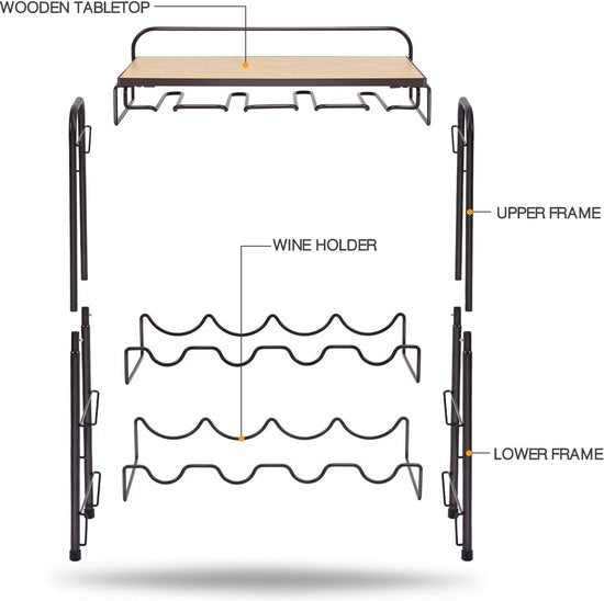 Wijnrek voor 8 flessen Metalen wijnrek met glazen houder en wijnhouder en tafelblad, 4-laags wijnopslagorganisator, vrijstaande wijnhouder voor keuken, wijnkelder, bar