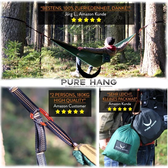 PURE HANG Premium Camping hangmat Outdoor XXL voor 2 personen 300 kg belastbaar 285 cm x 185 cm ultralichte parachutezijde met 2 karabijnhaken - Reizen strand tuin Travel - TÜV getest