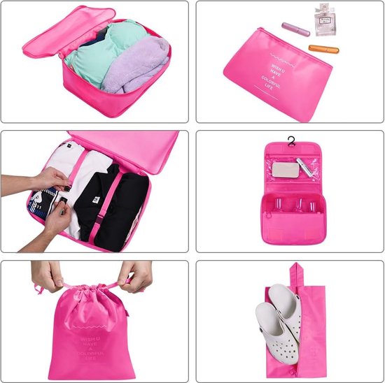 Kofferorganizerset, 8-delig, verpakkingsblokjes, waterdichte reiskledingzakken, inpakzakken voor koffer, kofferorganizer, reistas met make-uptasje, schoenentas, USB-kabeltas (rozerood)