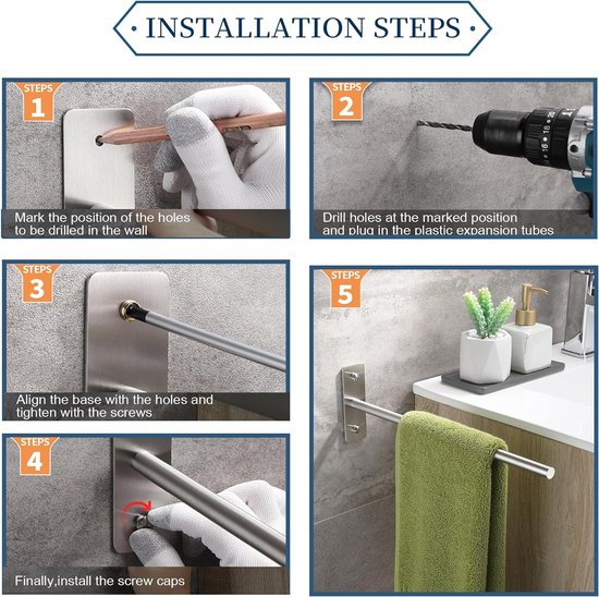 Boren handdoekhouder 304 roestvrij staal badhanddoekhouder geborsteld rond handdoekstang luxe handdoekhouder wastafel muur badkamer handdoekhouder hoogwaardig 38 cm, geborsteld zilver