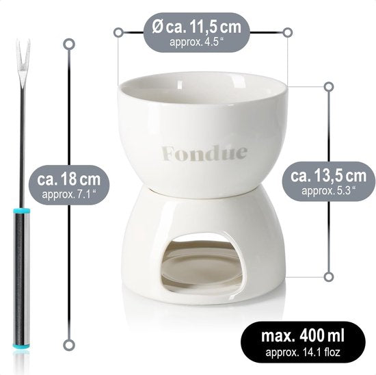 1 x pan, 1 x brander, 4 x vork. Materiaal: keramiek, roestvrij staal, kunststof.