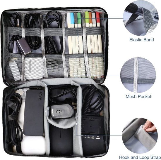 Kabeltas universele reiskabel organizer tas kubussen kabeltas, 2-laags waterdichte verstelbare kabelorganizer voor oplaadkabel mobiele telefoon, powerbank, USB-sticks, SD-kaarten