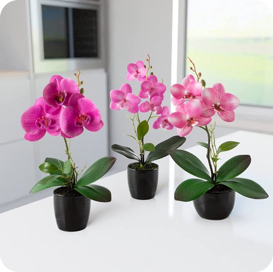 Kunstbloemen in een pot (36cm) - set van 3 orchideeën kunstmatig op elkaar afgestemd arrangement in hoogglans keramische potten - hoogte 35cm, kunstbloemen, kunstorchideeën (rozenarrangement)