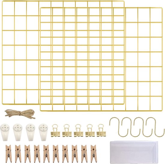 LOYONAL Deco Wandrooster Foto Goud - Metalen Memobord - Wire Wall Grid Panel - Fotowand Van Draadgaas - 2 Pack Grid Photo Wall