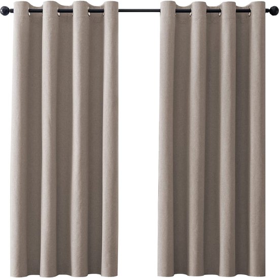Set van 2 verduisteringsgordijnen, ondoorzichtige gordijnen met ringen, beige, 145 x 132 cm (h x b), thermogordijn, linnen, kort, voor woonkamer, kinderkamer, slaapkamer, set van 2