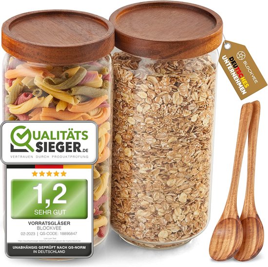 1 l, 2 x 1000 ml, elegante glazen potjes met deksel, set inclusief lepel, voorraaddozen voor het bewaren van muesli, pasta, bewaarpotten met houten deksel