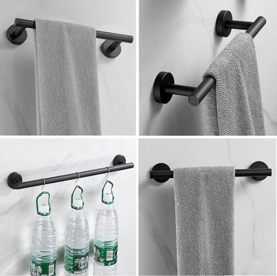 8-delige roestvrijstalen badkameraccessoireset, handdoekenrek, toiletrolhouder, handdoekring, kapstok, 2 zelfklevende haken, 2 scheermeshouders (zwart)