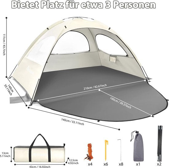 Strandschuilplaats, draagbare strandtent voor 2-4 personen, babystrandschuilplaats met UV-bescherming 50+, strandtent met 3 geventileerde ramen, snelle montage, gemakkelijk mee te nemen paraplu, strandschuilplaats