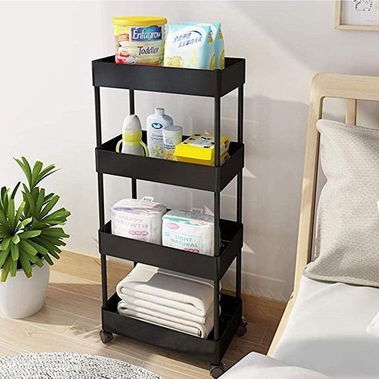 4-laags opbergwagen met uitschuifbare rolwagen Mobiele plank Trolley Organizer Wielwagen voor keuken Badkamer Wasruimte Kantoor (zwart)