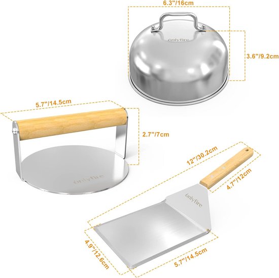 Roestvrijstalen grillbestekset, 4-delige hamburgerset met ronde hamburgerpers, grillspatel, 2 hamburgerdome, barbecue-accessoires voor lekkere hamburgers, patties, spek, steak, voor buiten en