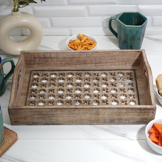 Decoratief houten dienblad voor het serveren van snacks, fruitthee, handgesneden, huiskeuken, decorgeschenken, 15 x 10 inch