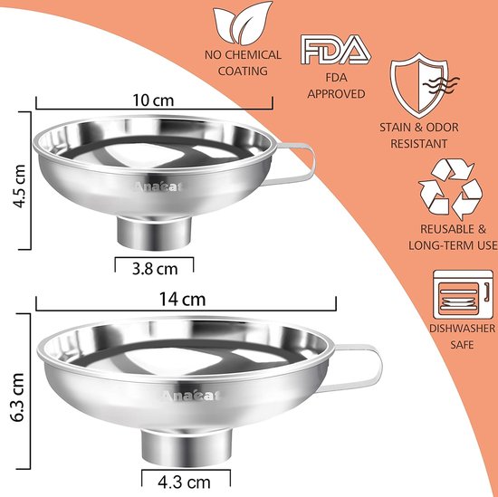 Roestvrijstalen inmaaktrechter met handvat voor brede en normale glazen en weckpotten, brede hals voor vloeibare en droge ingrediënten, grote vaste stoffen, olie, bonen en jam