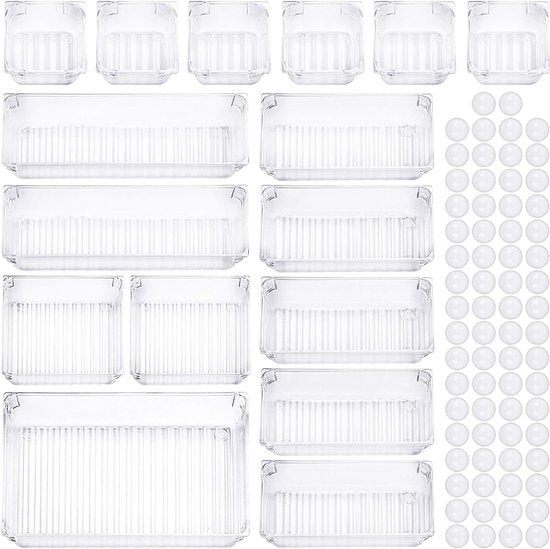 16 stuks opbergsysteem voor laden, 5 maten, gescheiden lade-organizer, opbergsysteem, antislip, transparante make-up-organizer, lade voor make-uptafel, keuken, badkamer (transparant)