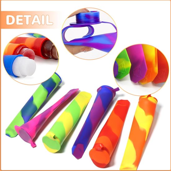 Set van 6 siliconen ijsvormpjes, ijslolly ijslollyvormpjes met deksel, herbruikbare siliconen ijsvormpjes, waterijslollykleuren, BPA-vrij, doe-het-zelf ijslollyvormpjes voor zelfgemaakte ijslolly's