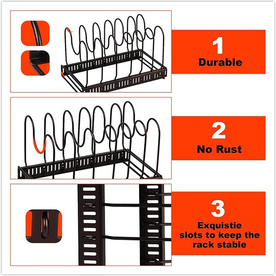 Organizer voor potten en pannen, bordenhouder, pannenplank met 7 verstelbare verdelers, perfect voor potten, pannen, kommen, borden en snijplanken