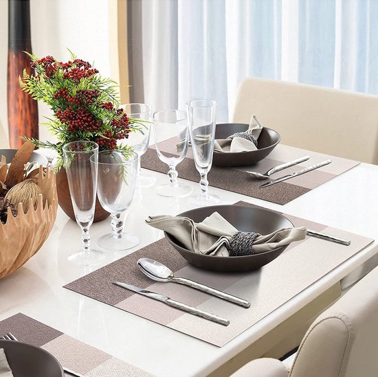 Placemat set, antislip, afwasbaar pvc en hittebestendig, placemats voor thuis of restaurant, voor de eettafel (bruin/zilver)