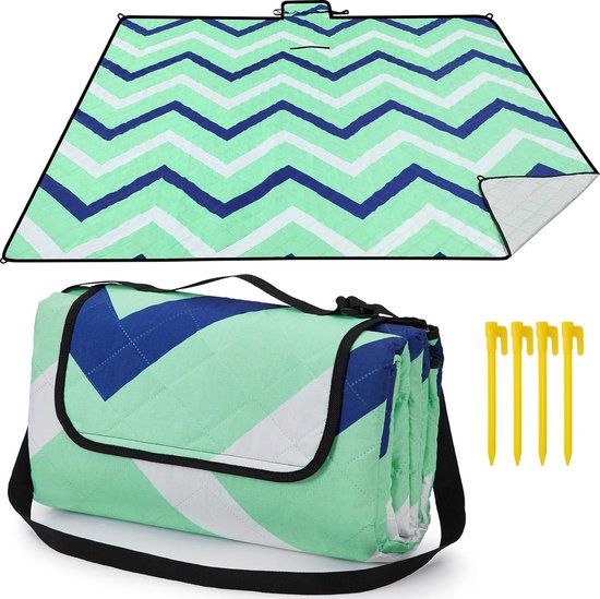 Picknickdeken, waterdichte XXL stranddeken, strandmat, picknickdeken, campingdeken met haringen, draaggreep en schouderriem voor picknick, tuin, strand, camping, 200 x 200 cm, golven