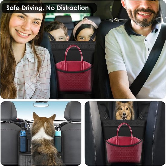 Auto-organizer tussen voorstoelen, auto-netvak voor auto, huisdier, kinderbarrière, auto, achterbank, organizer voor snacks, portefeuilles, dranken, telefoon