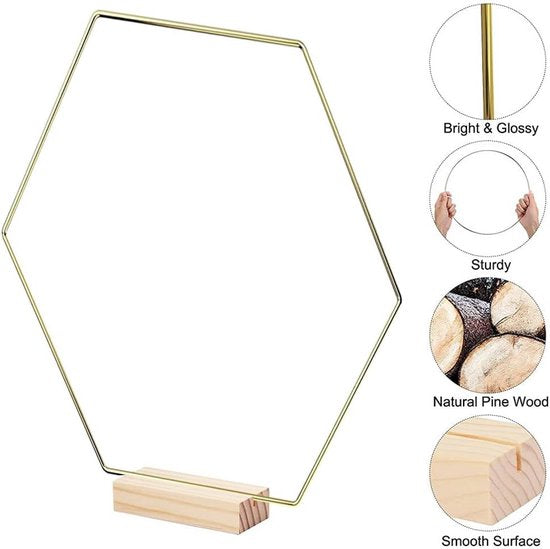 Metaalringen om mee te knutselen, 4 stuks 23 cm zeshoekige metaalringen met 4 houten standaarden, decoratieve ring met voet, houten standaard, krans, metaalring voor doe-het-zelf dromenvangers, bruiloftsdecoratie en doe-het-zelf.