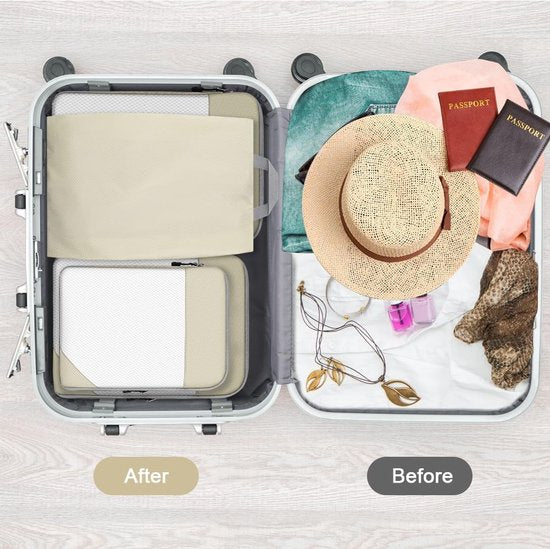 Kofferorganizerset, 4-delig, Packing Cubes, waterdichte reis-kledingtassen, paktassen voor koffer, verpakkingskubus met make-uptas, schoenentas (beige)