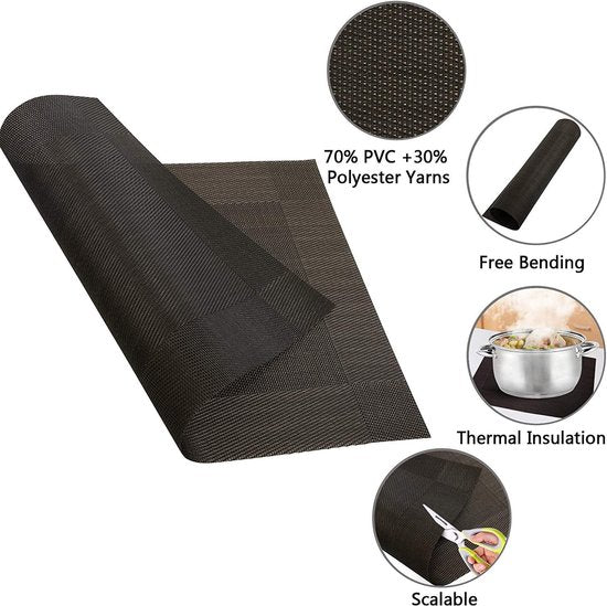 CHAOCHI Placemat Set van 6,Gemakkelijk Schoon,Antislip,Hittebestendig,Vlekbestendig Tafelonderzetter, 45cmx30cm(Zwart + Goud)