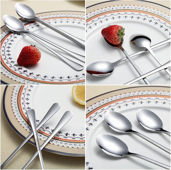 Lepel met lange steel, koffieroerder, premium roestvrijstalen koffielepel, ijslepel, cocktailmenglepel, theelepel, set van 8 (zilver)