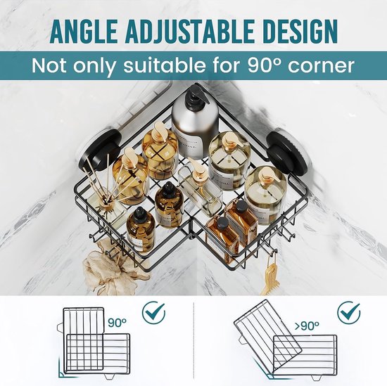 Corner Shower Caddy Suction Cup Shower Shelf No Drilling Shower Corner Basket Suction Heavy Duty Max Hold 10 kg for Bathroom & Kitchen Corner Shower Rack Black in Iron