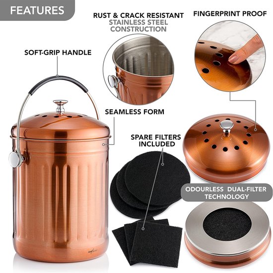 Compostcontainer voor keuken, roestvrij staal, geurloos