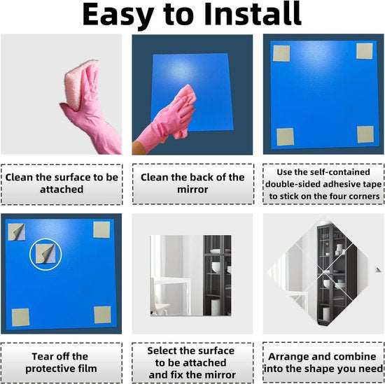8 stuks zelfklevende tegelspiegels 20 x 20 cm, zelfklevende spiegeltegels spiegel van acryl decoratieve spiegel wanddecoratie (rechte hoek)