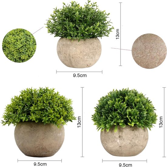 3 kunstwerken planten met grijze pot, 9,5 x 13 cm, voor binnen en buiten, kunstplanten, decoratie voor woonkamer, tuin, badkamer, esthetische kamerdecoratie (groot)