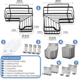 Shower Shelf No Drilling Black Shower Shelf Rustproof Stainless Steel Bathroom Shelf Wall Self-Adhesive Shower Basket with 10 Hooks Shampoo Holder for Shower Pack of 2 for Bathroom and Kitchen