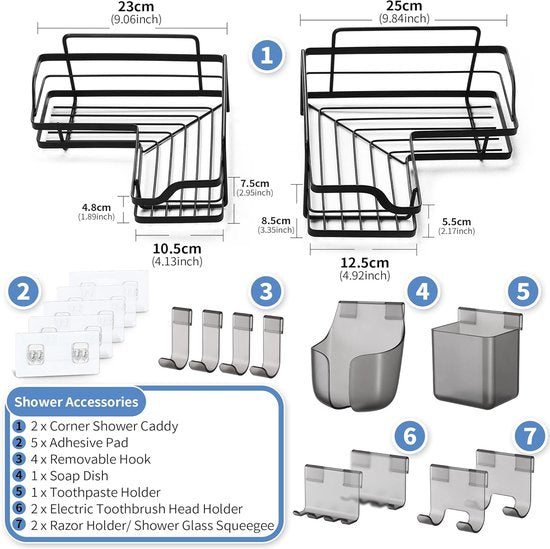 Shower Shelf No Drilling Black Shower Shelf Rustproof Stainless Steel Bathroom Shelf Wall Self-Adhesive Shower Basket with 10 Hooks Shampoo Holder for Shower Pack of 2 for Bathroom and Kitchen