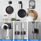 Bezemhouder, wandhouder, zelfklevend, bezemhouder, tuingereedschaphouder enz., voor binnen- en buitenlichaam, roestvrij staal, onafhankelijke doorn met haken (4 stuks), zwart