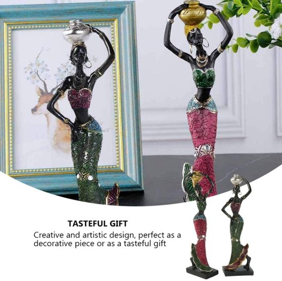 2 stuks Afrikaanse dame sculptuur stammen dame figuur beeldjes hars handwerk verzameling standbeeld vintage desktop ornamenten