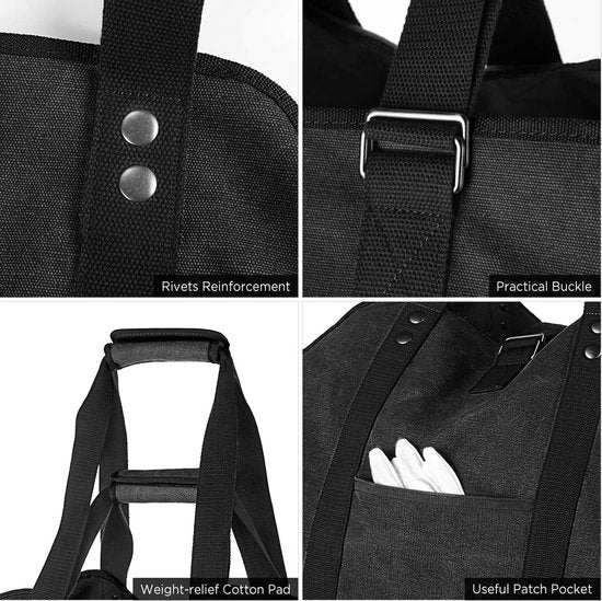 Extra grote brandhoutdrager, houten mand, brandhouttas, draagtas van zeildoek met 2 handgrepen, zwart