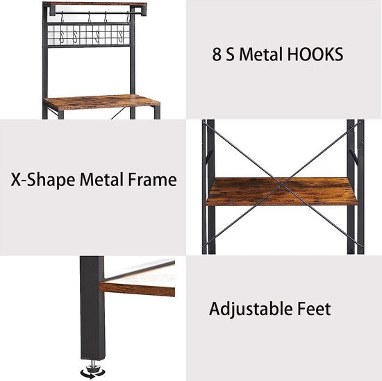 Keukenrek, staand rek voor keuken, magnetronrek, staand, 4 verdiepingen bakkersrek met 8 haken, magnetronstandaard met opbergruimte, verstelbare poten, kruidenrek, rustiek,