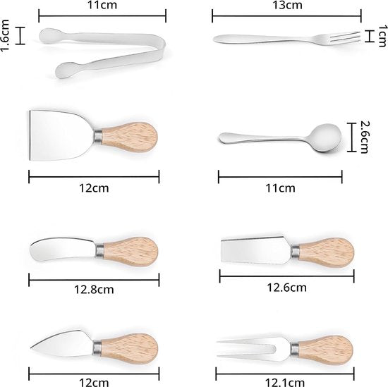 Bestekset voor worst- en kaasplank [20 stuks] - 4 botermessen, 3 kaasmessen, 1 kaasvork, 4 lepels, 4 vorken en 4 tangen - roestvrijstalen kaasmessenset - bestek van voedingskwaliteit
