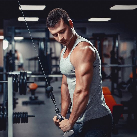 Machineaccessoires, uittrekbaar (optie): tricepstouw, afzonderlijke D-greep, V-vormige stang en roterende rechte staaf.