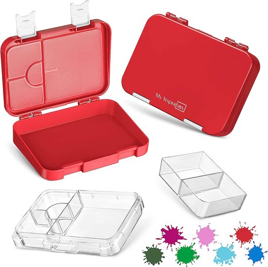 Bento Box lunchbox voor kinderen, met 4 + 2 vakken, extreem robuust, lunchbox, ideaal voor kinderopvang en school (rood-wit)