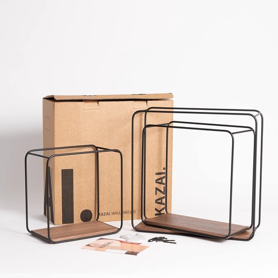 Wandplankenset, 3-delige hangplank van metaal en echt houtfineer, wanddecoratie en plank voor badkamer, woonkamer, keuken, slaapkamer en meer, walnoot