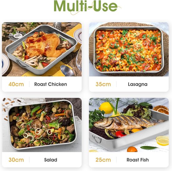 Ovenschaal 30 cm, bakvorm roestvrij staal, rechthoekig, ovenvorm met handgrepen, rechthoekige bakplaat, gezond en gemakkelijk te reinigen