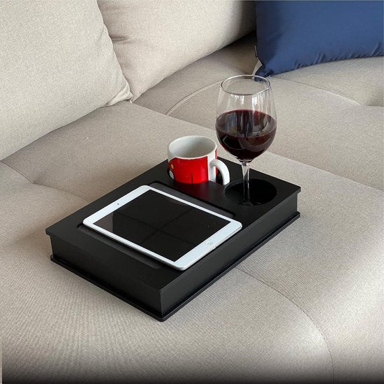 Bank, bank, bed, tv en schootblad om te dineren, met EVA-basis en 2 bekerhouders. Afstandsbediening en mobiele telefoonhouder. Organisator voor armleuningen. (zwart)