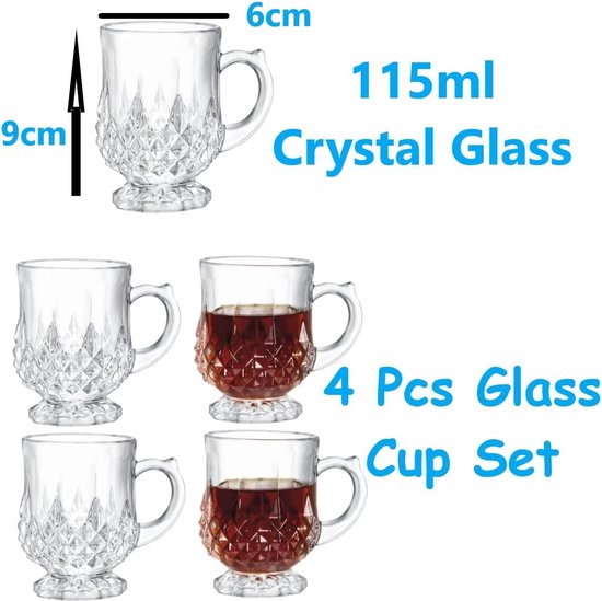 Set van 4 glazen kopjes van kristalglas, theeglazen, warme dranken, thee, koffie, warme wijn, kruidenthee, kopjes, individuele glazen kristallen beker, keukenset, thuiscadeau, hot-chatset, 115 ml